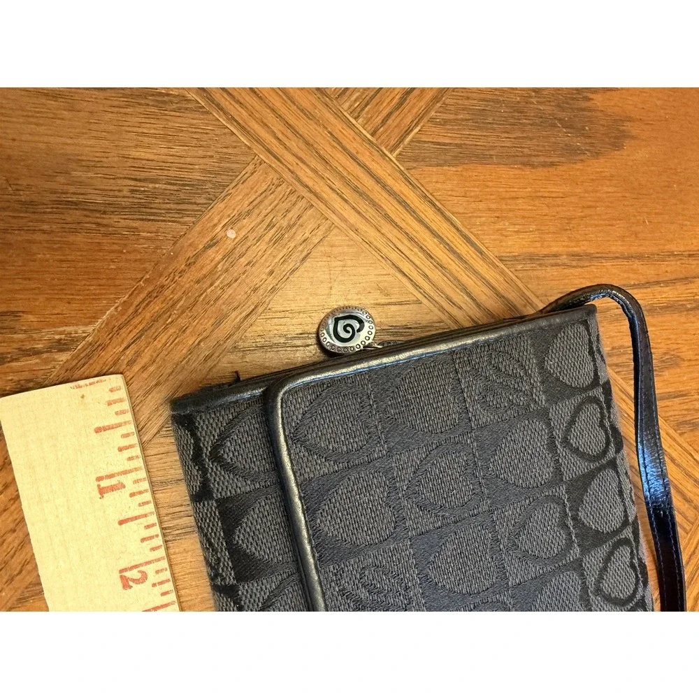 Ladies BRIGHTON Crossbody Organizer Clutch Wallet - Black Leather & Heart Fabric
